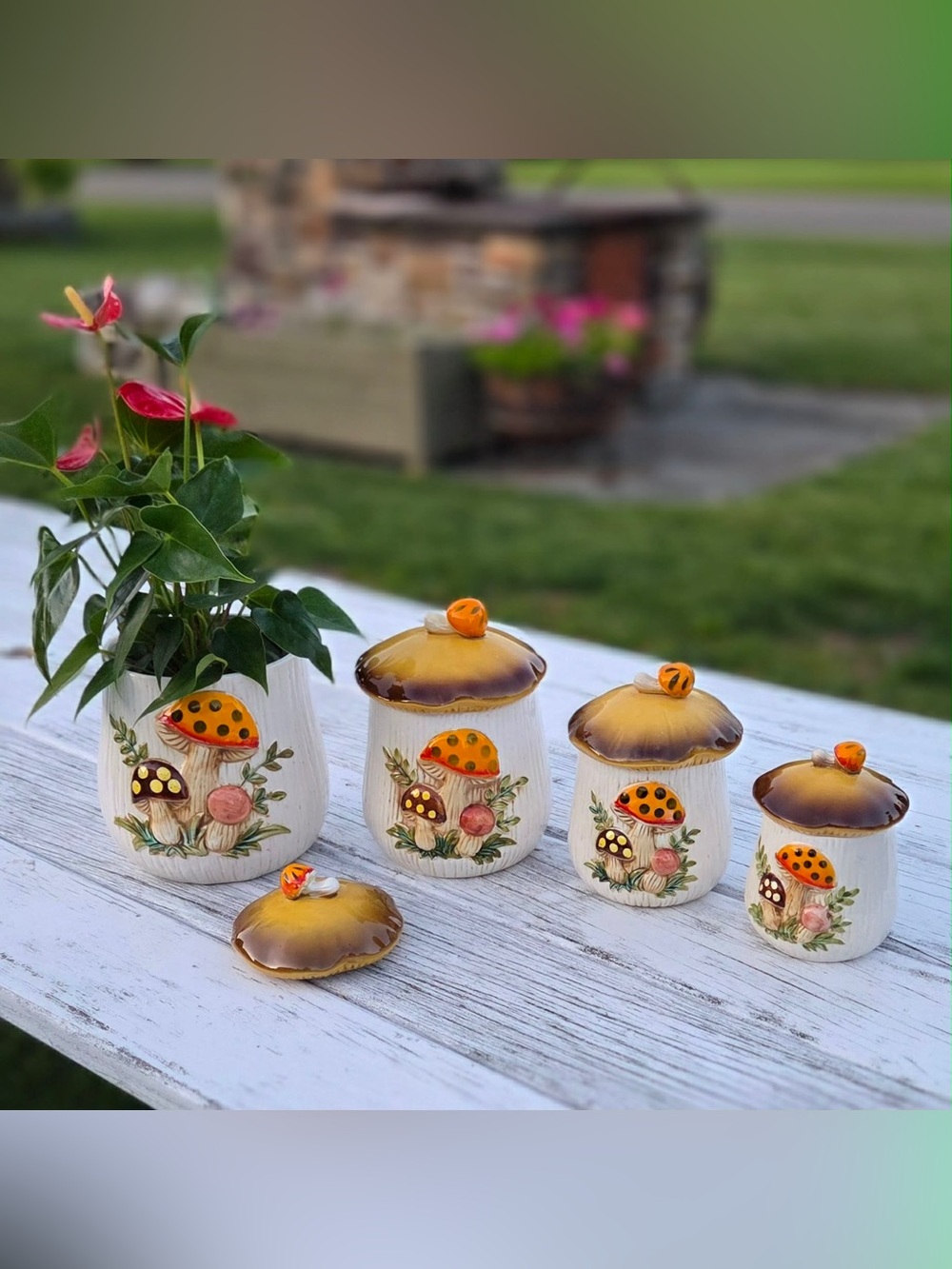 Vintage 1983 Merry Mushroom Canister Set - Yellow Brown Decorative Jars
